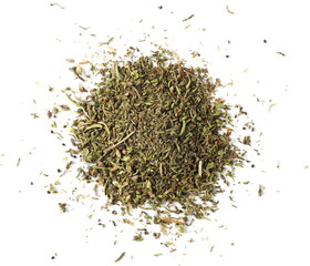 Dry chopped summer savory (Satureja hortensis) isolated on white background, top view