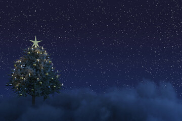 3d rendering of shining christmas tree on fluffy clouds at starry night