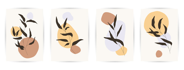 Obraz premium Modern abstract art backgrounds set with botanical leaves and abstract geometric shapes. Botanical wall art vector set. Art design for print, cover, wallpaper. Vector illustration