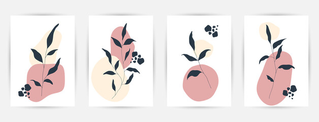 Modern abstract art backgrounds set with botanical leaves and abstract geometric shapes. Botanical wall art vector set. Art design for print, cover, wallpaper. Vector illustration
