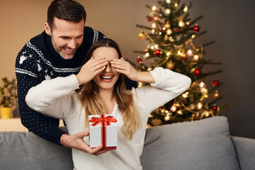 Man surprising girlfriend with Christmas present at home