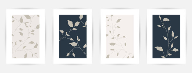 Modern abstract art backgrounds set with botanical leaves and abstract geometric shapes. Botanical wall art vector set. Art design for print, cover, wallpaper. Vector illustration