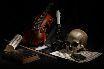 Tableau baroque de vanité avec un crâne de mort