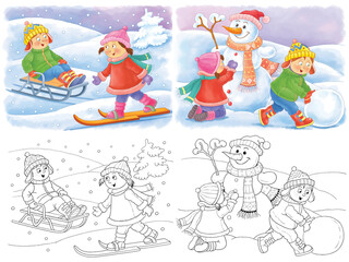 New Year, Christmas, winter. Cute boy and girl playing outdoors and decorating Christmas tree. Coloring page. Illustration for children. Cute and funny cartoon characters