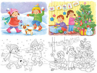 Obraz na płótnie Canvas New Year, Christmas, winter. Cute boy and girl playing outdoors and decorating Christmas tree. Coloring page. Illustration for children. Cute and funny cartoon characters