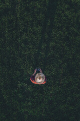 Wheat farmer using drone remote controller in wheatgrass field, aerial