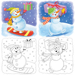 New Year, Christmas, winter. Set of cute snowmen. Coloring page. Illustration for children. Cute and funny cartoon characters