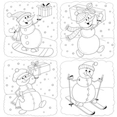 Fototapeta premium New Year, Christmas, winter. Set of cute snowmen. Coloring page. Illustration for children. Cute and funny cartoon characters