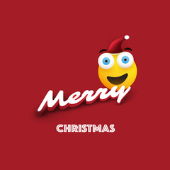 Merry Christmas! - Smiling Emoji with Pop Out Eyes and Red Santa Hat - Simple Happy Emoticon on Red Background - Vector Design