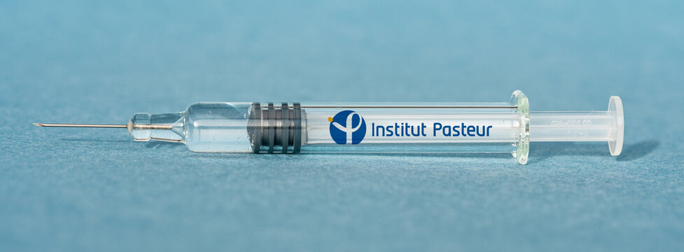 Institut Pasteur Covid-19 Vaccine - Close-up on a syringe containing vaccine against coronavirus disease Covid19 - protection against global pandemic - France, december 8 2020