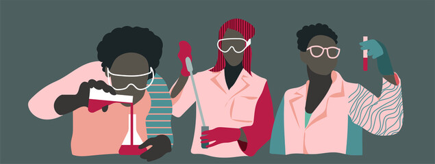 vector set of afroamerican persons, scientist in laboratory with bottle and microscope