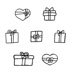 A set of seven different hand-drawn gift boxes. Black outlines isolated on white background. Holidays, Christmas, New Year, Birthday, Valentine's Day. Vector illustration for postcards, design, decor