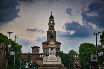Fototapeta na wymiar A giant Giuseppe Garibaldi Monument, Monumento a Giuseppe Garibaldi in front of Sforza Castle, Castello Sforzesco
