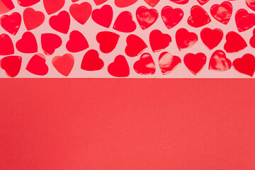 top view of hearts on red and pink background