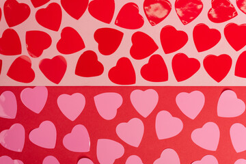 top view of hearts on red and pink background