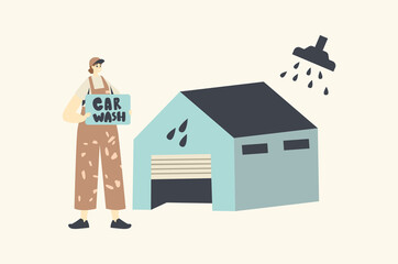 Female Character Wearing Uniform Holding Banner with Car Wash Typography Stand front of Garage Building Call Clients
