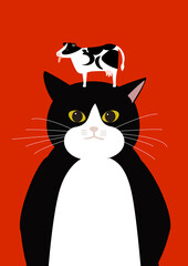 牛を頭の上に乗せる白黒猫　丑年