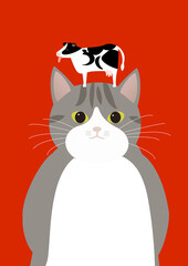 牛を頭の上に乗せるさば猫　丑年