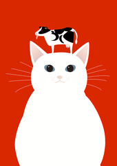 牛を頭の上に乗せる白猫　丑年