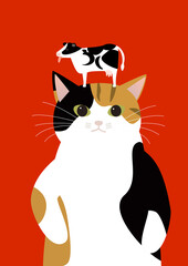 牛を頭の上に乗せるミケ猫　丑年