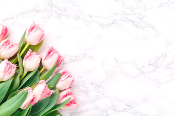Pink tulips on white marble background. Spring and celebration concept. Copy space Top view. Horizontal