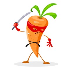 Superhero vegetable with sharp sword and eye bandage, angry caricature with weapon. Vector veggie character in robe, healthy eating, vegetarian food design isolated on white background