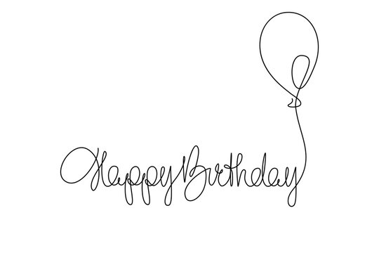 Happy Birthday handwritten lettering with symbolic party balloon. Continuous line drawing design. Vector illustration