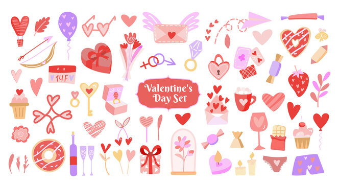 Valentine s Day set - labels, emblems and other elements. Vector illustration with cute stickers pack in cartoon style with love symbols for valentine's day. Large collection of clip arts