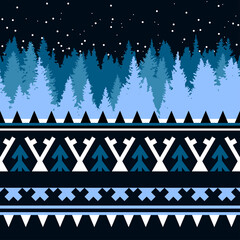 Northern winter landscape with spruce forest in the night. Khanty-inspired ethnic ornament. Vector illustration. 