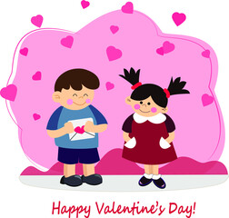 Vector Valentine's postcard with boy and girl on it. Boy hold a love letter in his hands and girl is embaresed. 