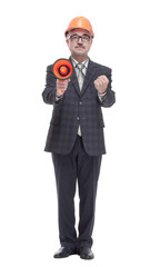 smiling architect with a megaphone pointing at you. isolated on a white