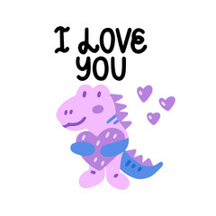 I love you - cute colorful vector doodle with dinosaur and hand lettering. Hand drawn dinosaur with heart. Vector template for card, postcard, banner, poster, sticker and social media