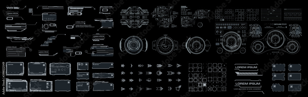 Poster big set vector elements for creating graphic touch user interface of the game. virtual graphical use