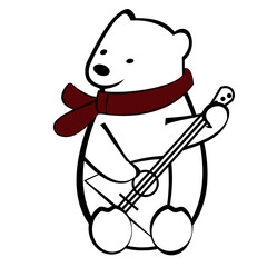 A cute polar  bear in red scarf plays the balalaika