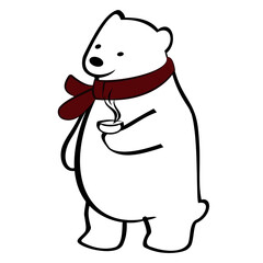 A cute polar  bear in red scarf drink coffee