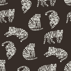 Monochrome cartoon pattern with tigers for fabric, textile, print, wrapper, apparel, nursery decoration, wallpaper, surface design. Seamless vector flat background with animals