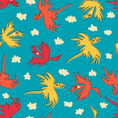 Seamless vintage pattern with flying parrots on a blue background. Vector endless flat illustration with birds in the sky