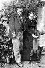 Frederic Mistral and his wife in their garden. French writer of Occitan literature, provençal form of the language. Novel prize of literature, 1904. 1830-1914. Antique illustration. 1899. - obrazy, fototapety, plakaty