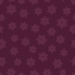 Doodle pink mandala in the shape of snowflakes on red-purple background. Suitable for wrapping paper, wallpaper, textile.