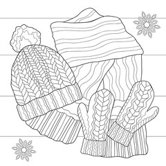 Doodle winter hat with pigtail patterns, knitted mittens, scarf and snowflakes. Season isolated illustration on white background. For coloring book pages.