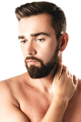 Obraz premium Handsome bearded man with a smooth skin on white background