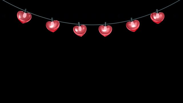 Heart shaped string lights, red, transparent texture, hanging down, 3D animation on transparent background in 4K version only and with alpha matte for HD version.
