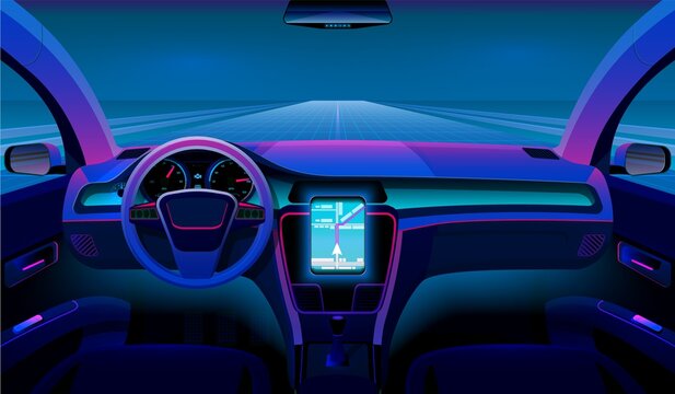 Inside futuristic car. Neon auto, modern interior and road grid. Driverless vehicle on night traffic vector background. Illustration self-driving futuristic interior dashboard