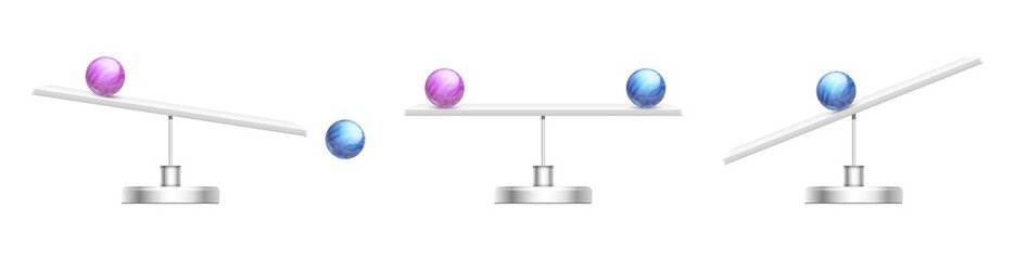 Save balance. Abstract scale, gender gap or inequality metaphor. White desk, blue pink balls vector illustration. Balance scale and seesaw horizontal
