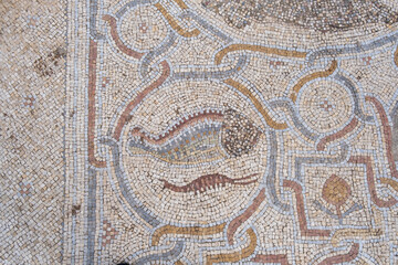 Fragment of Mosaic floor of a Byzantine church. Khirbet Beit Lei or Beth Loya at Judean lowlands