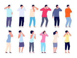 Obraz premium People cover face. Covering eyes, timides shy woman man. Business person worried, flat blinded or shame characters utter vector set. Woman and man expression face, person in trouble illustration