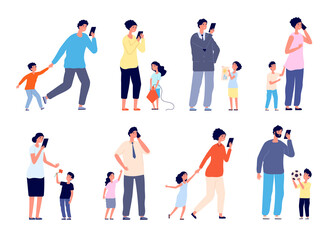 Fototapeta na wymiar Busy parents. Social stress, children need mother father care. Frustration, cartoon adults have gadget addiction problems utter vector set. Illustration exhausted parenting, busy mom and dad