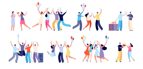 Birthday party people. Celebration characters, happy woman with balloons. Surprise event, confetti cake and presents utter vector set. People birthday party, greeting and celebration illustration