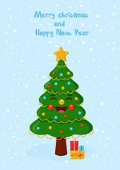 Vector illustration of New Year and Christmas card with merry fir tree.  Text can be added and replaced. Merry Christmas.