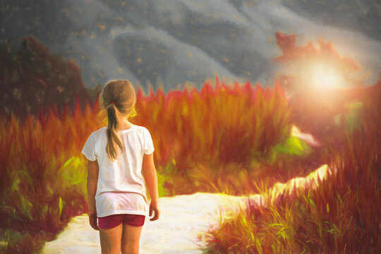 Cute young girl at the begginning of the path